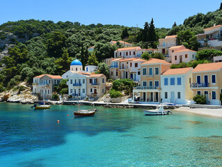 Obraz premium Picturesque Greek coastal village with colorful houses, boats, and clear blue water. serene atmosphere surrounded by lush greenery and hills