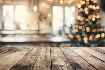 Winter Holiday Table. Blurred Holiday Background with Empty Wooden Table