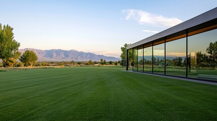 Modern home with expansive windows overlooking a grassy field and mountains in the distance.