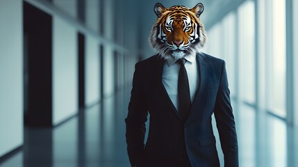 Fearless Tiger Executive Striding with Authority in Corporate Hallway
