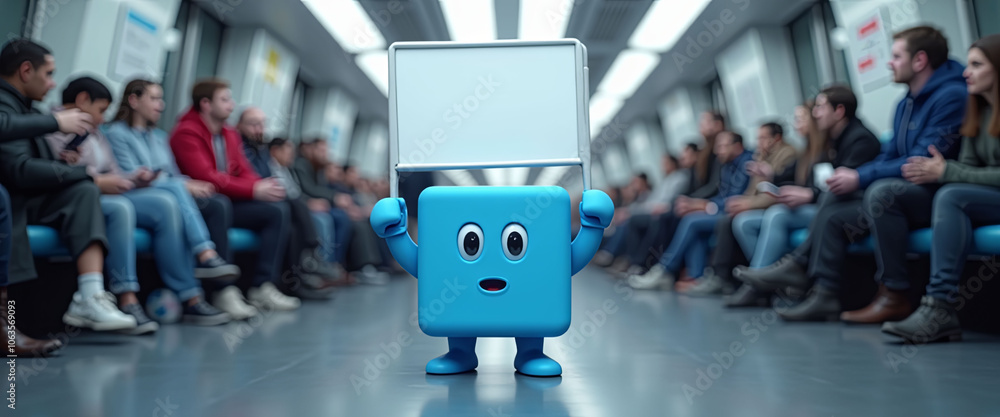 Poster a blue robot is holding a sign in a crowded subway car. the robot is looking at the camera with a su