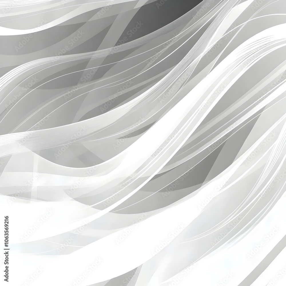 Poster an abstract composition featuring soft, flowing waves in shades of gray and white, creating a sense 