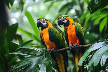 Obraz premium A tropical rainforest with lush green foliage and brightly colored exotic birds