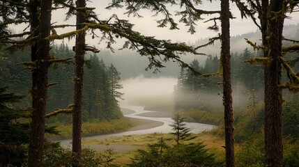 A misty river winds through a lush, green forest, framed by tall trees with moss hanging from their branches.