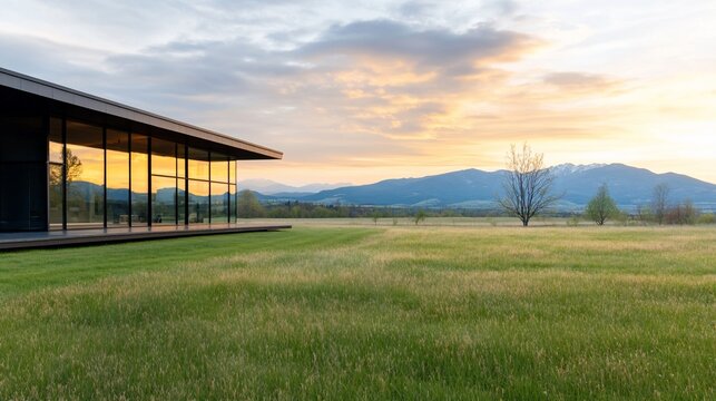 Modern house with large windows overlooking a grassy field and mountain range at sunset.