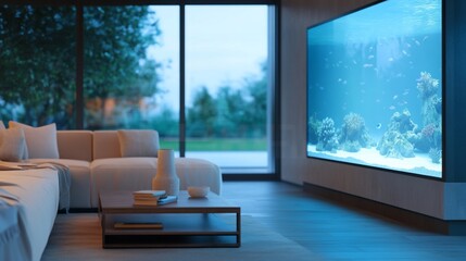 Modern living room with large aquarium wall and comfortable sofa.
