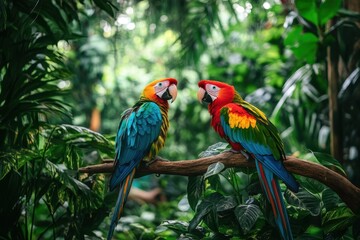 Obraz premium A tropical rainforest with lush green foliage and brightly colored exotic birds