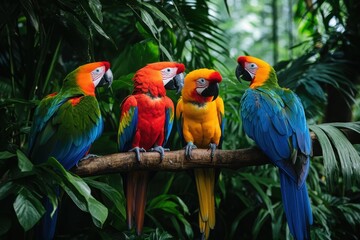 Fototapeta premium A tropical rainforest with lush green foliage and brightly colored exotic birds