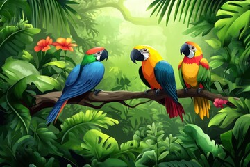 Fototapeta premium A tropical rainforest with lush green foliage and brightly colored exotic birds