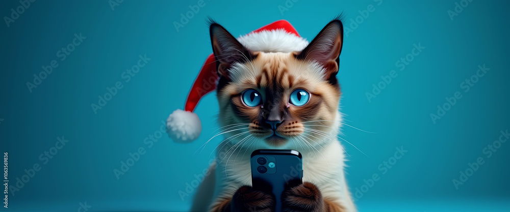 Poster the cat in the red hat is holding a smartphone and looking at the camera. the cat appears to be enjo