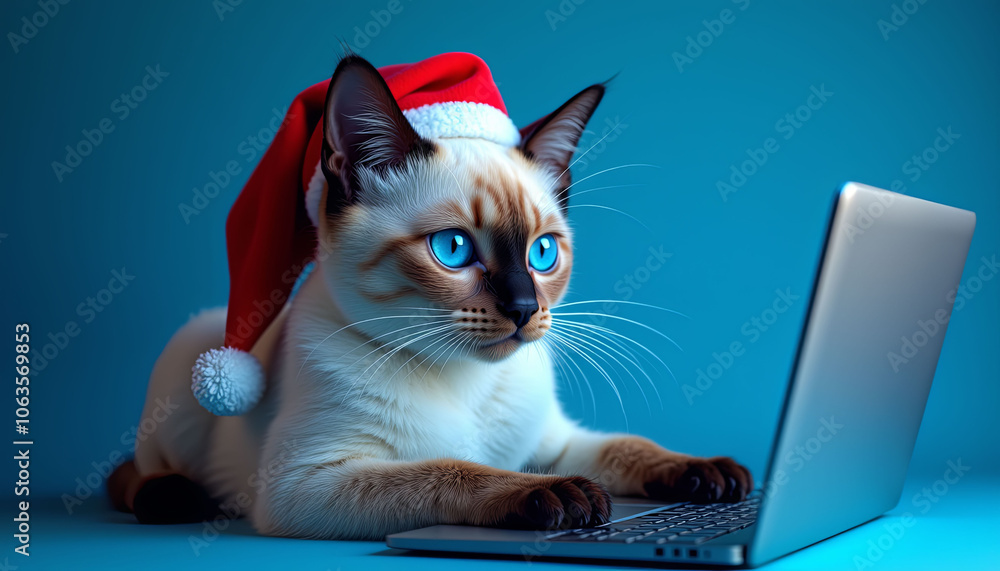 Poster a cat wearing a santa hat is sitting on a laptop keyboard. the cat appears to be typing on the compu