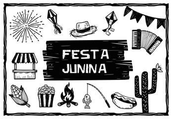 Woodcut style set of Festa Junina icons, including bonfire, corn, accordion, fireworks, and more. Celebrates traditional Brazilian June festival culture