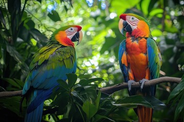 Obraz premium A tropical rainforest with lush green foliage and brightly colored exotic birds