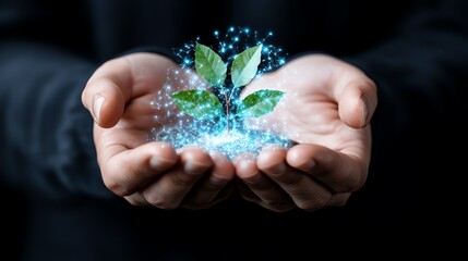 A digital sprout emerging from a pair of cupped hands.  Symbolic of growth and potential.