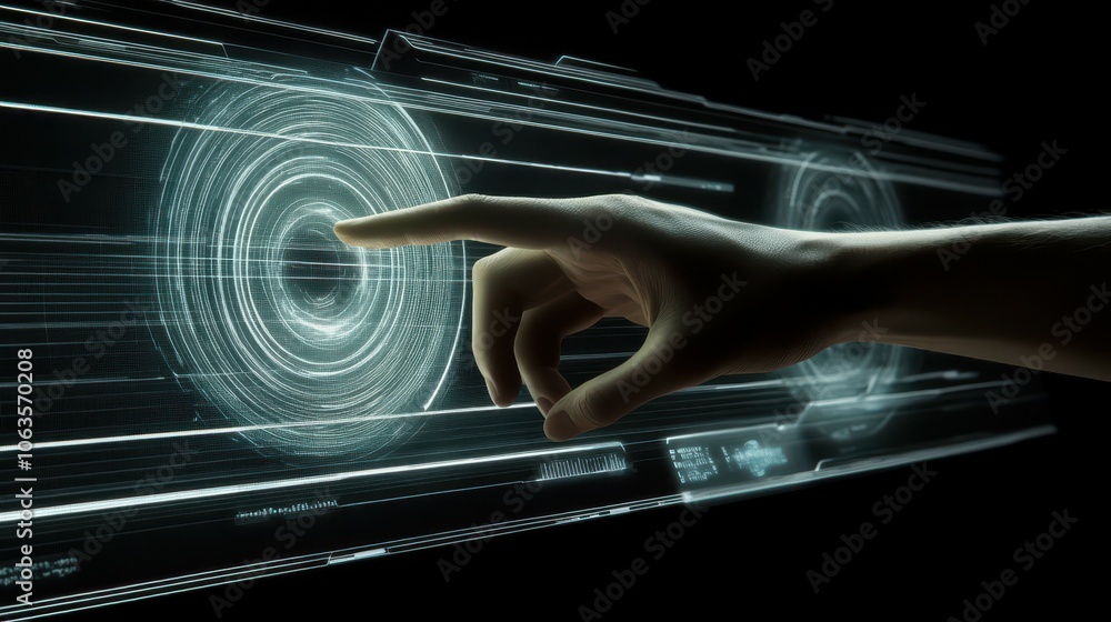 Poster exploring the future a hand reaches out to touch virtual data holograms
