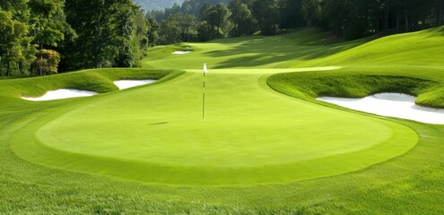 Naklejka premium Scenic golf course with lush greenery and manicured fairways in a serene landscape