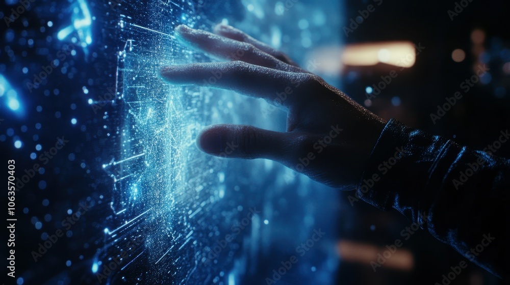 Poster exploring the future a hand reaching out to interact with virtual data holograms