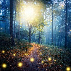 ホタルが光を放つ森の中の幻想的な秋の夜。