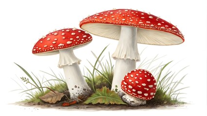 Red Fly Agaric Mushrooms with White Spots, Amanita Muscaria Isolated on Transparent Background
