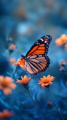 Fototapeta premium Beautiful Monarch Butterfly with Orange Wings Visits Vibrant Summer Flowers