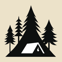 Obraz premium Silhouette of a Camping Scene with Tent Campfire and Pine Trees