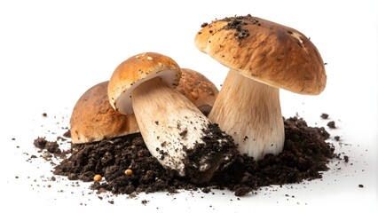 Porcini Mushrooms with Soil Attached Isolated on Transparent Background, Freshly Harvested Gourmet Mushrooms
