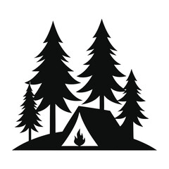  Silhouette of a Camping Scene with Tent Campfire and Pine Trees