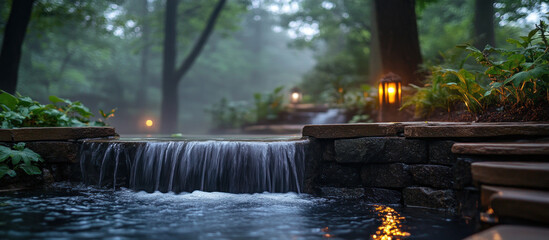 Fototapeta premium Serene Small Waterfall in Misty Forest Setting