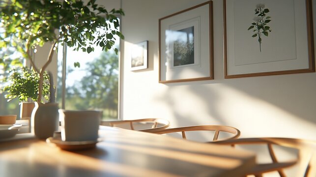 Fototapeta Sunlight streams through a window onto a dining table, casting warm shadows on the wooden surface and chairs, creating a serene and inviting atmosphere.