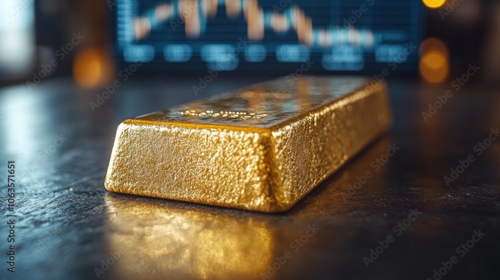 Poster a gold bar gleams on a dark surface, reflecting the rich color of the metal. behind it, a digital ma