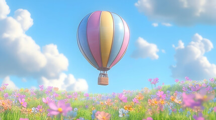 Naklejka premium A colorful hot air balloon floats over a field of wildflowers on a sunny day.