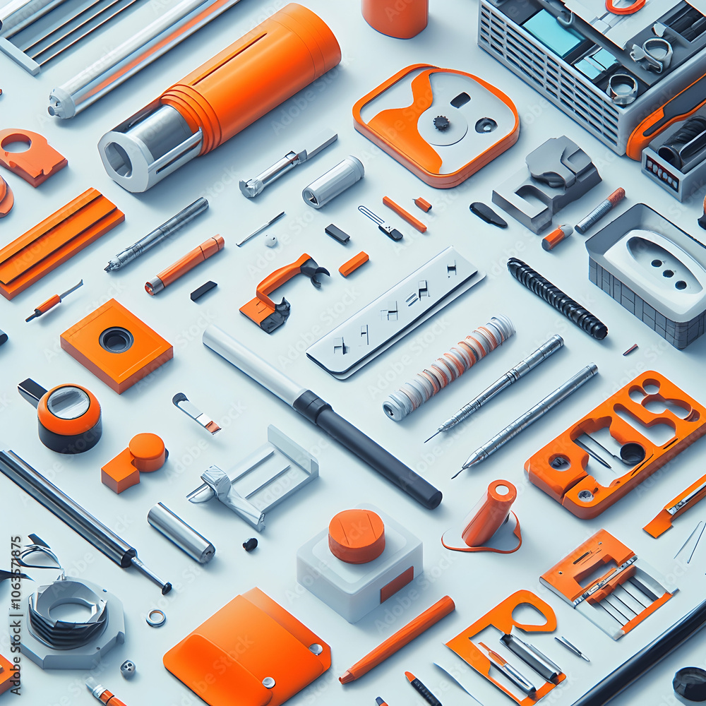 Poster a flat lay of various tools and objects in orange and grey.