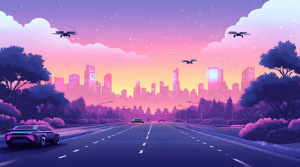 A futuristic cityscape with drones flying overhead, at sunset, with a highway lined with trees.