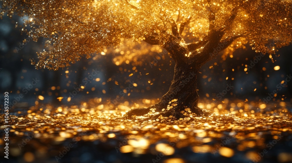 Poster a majestic tree stands at twilight, adorned with sparkling golden leaves that blanket the ground. th