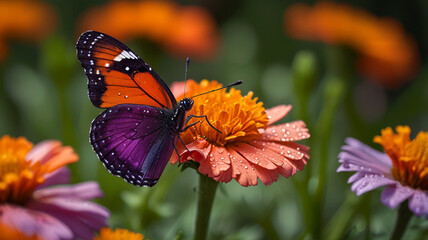 Obraz premium Detailed macro of a small purple butterfly perched on a bright orange marigold in a sunny garden showcasing the joy of summer