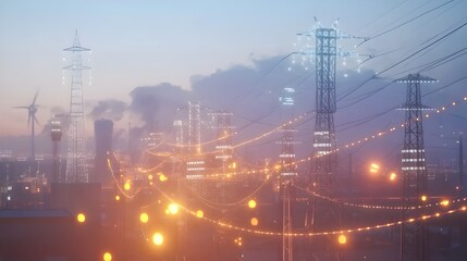 Futuristic Electric Grid with Renewable Energy Symbols in Illuminated Cityscape