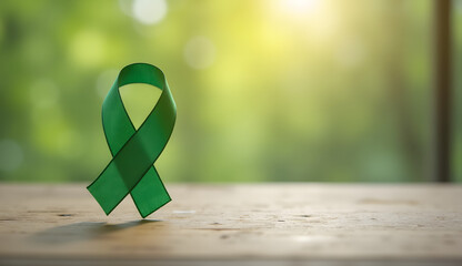 Green mental health ribbon placed against a wooden table background