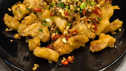 Crispy Belly Pork Stir Fried with Chili and Salt Spicy Tasty Fusion dish Combination Thai Food and Chinese Food Style