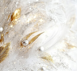 Elegant white and gold decorations with feathers and pearls create luxurious festive atmosphere
