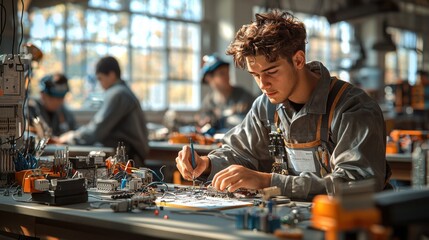A young man in a work uniform is concentrating on soldering electronic parts while sitting at a table in a workshop, with other people working in the background.