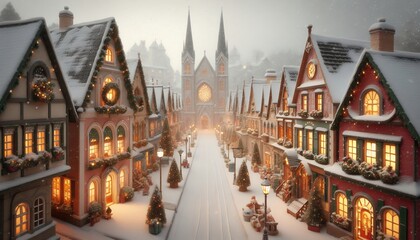 Obraz premium christmas miniature diorama. A fairytale Christmas scene with a snow-covered winter village and warm light.