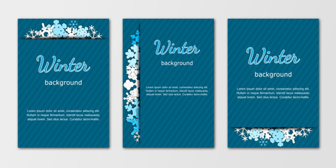 winter background, set of templates design for banner, flyer, card on textured backdrop with snowflakes. collection modern vector illustration for invitation, poster, greeting en white and blue tones.