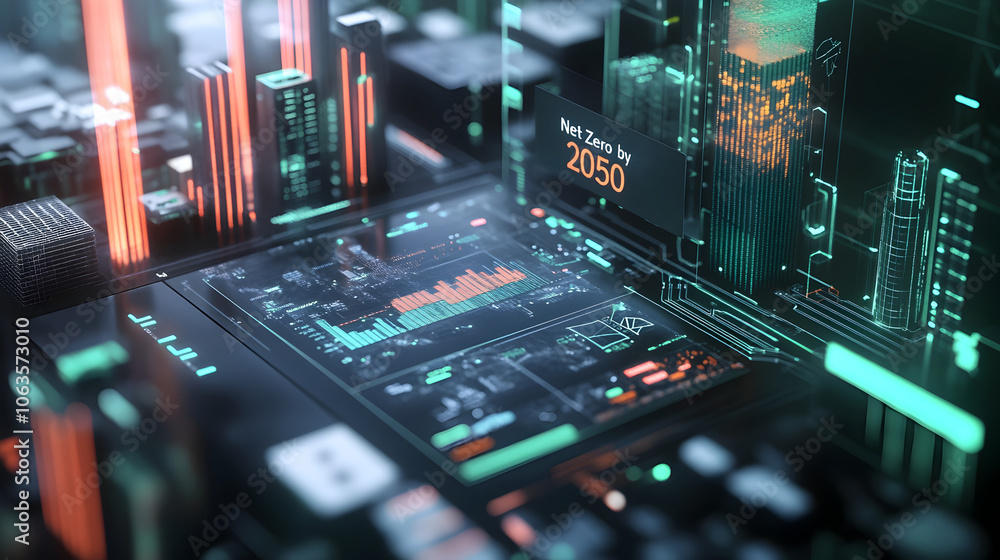 Poster futuristic 3d render of net zero 2050 climate policy target chart