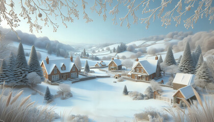 christmas miniature diorama. A fairytale Christmas scene with a snow-covered winter village and warm light.