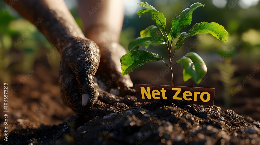 Aufkleber hands planting tree with net zero banner for carbon offset policy concept