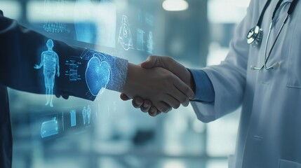 Close-up of the handshake with medical illustrations swirling on an interactive whiteboard.