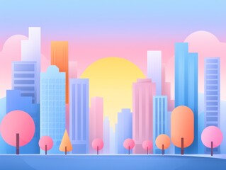 Colorful abstract urban skyline at sunrise with geometric shapes and pastel hues
