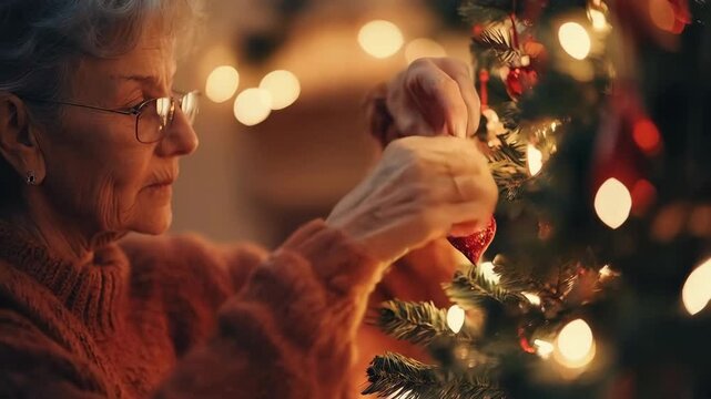 Grandmother gently decorates a Christmas tree with xmas balls decor. Cozy home vibe, warm light. Holiday celebration video for New Year promo clip or advertising.