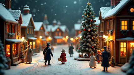 christmas miniature diorama. A fairytale Christmas scene with a snow-covered winter village and warm light.