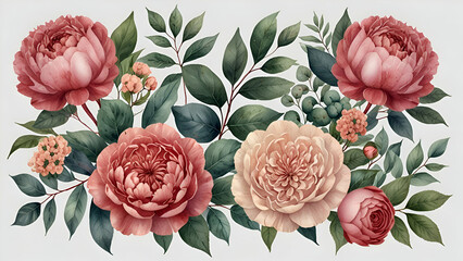 Watercolor floral bouquet with pink peony, rose, and hydrangea, perfect for cards and decor.